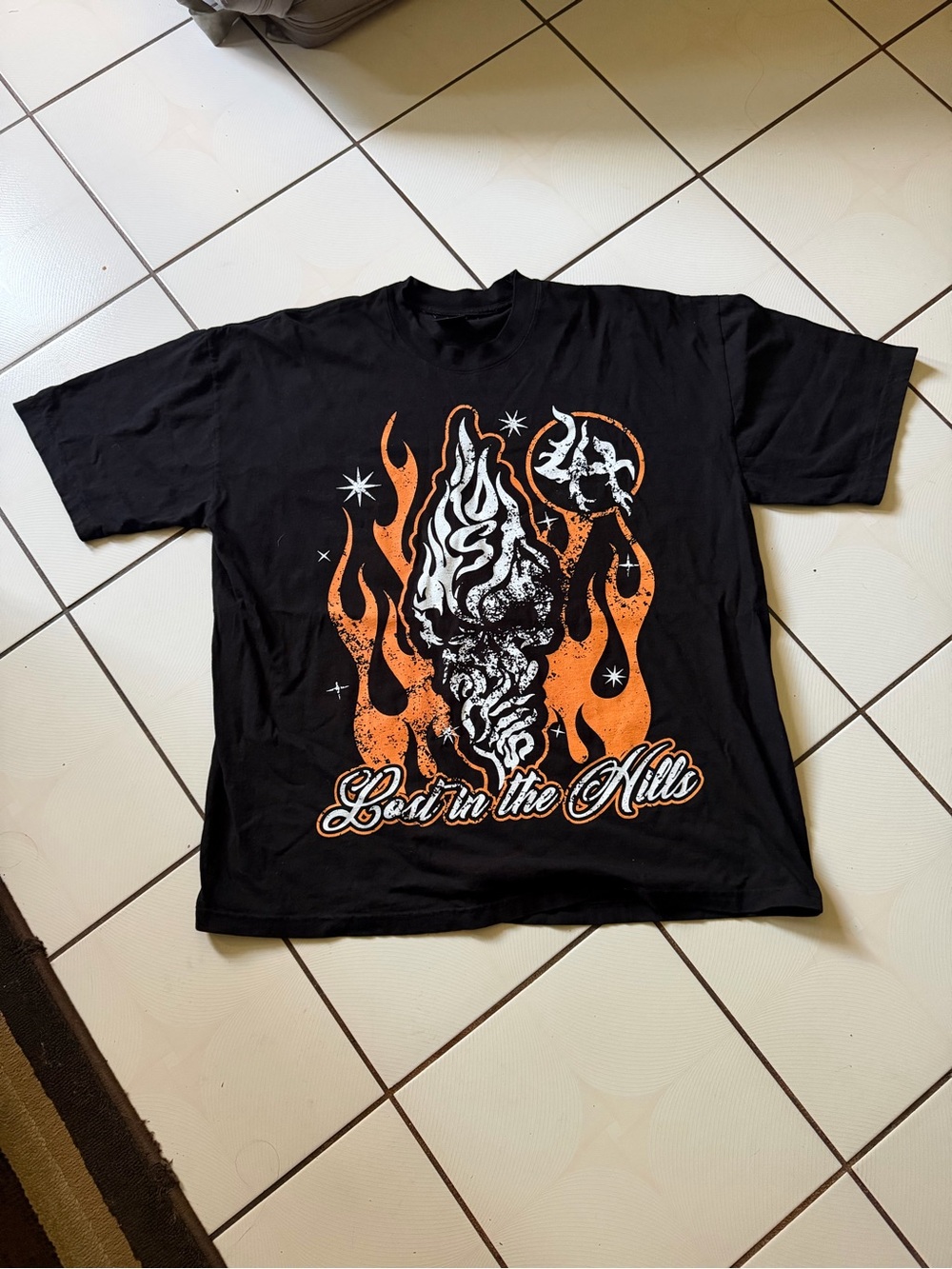 Graphic 'Lost in the Hills' Black Tee with Orange Flames